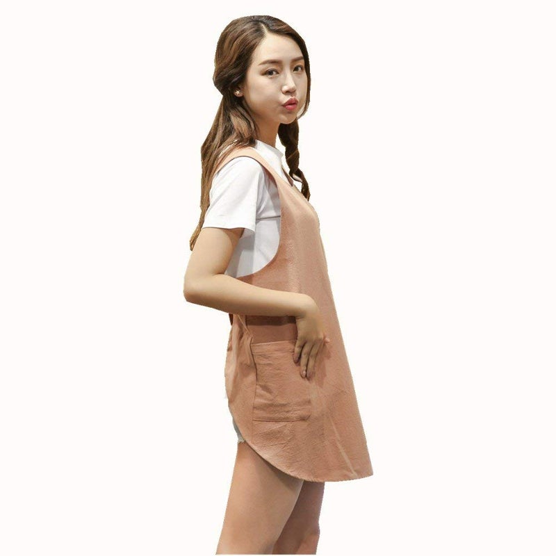 KKTOCHVC Shortened Japanese Style Soft Cotton Linen Apron with Two Side Pockets, X Cross Halter Apron, Kitchen Cooking Clothes Present for Women - DIY Project, Crafting, Cooking, Baking (Orange Red) - Image 1
